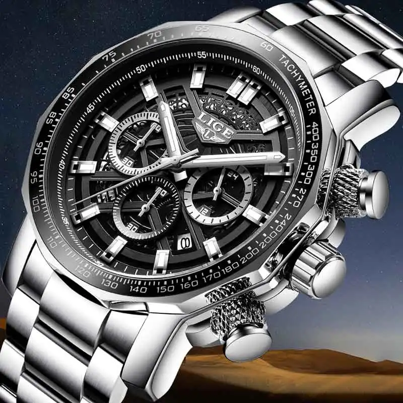 LIGE Luxury Men's Sport Chronograph Watch - Full Steel Quartz, Waterproof, Large Dial