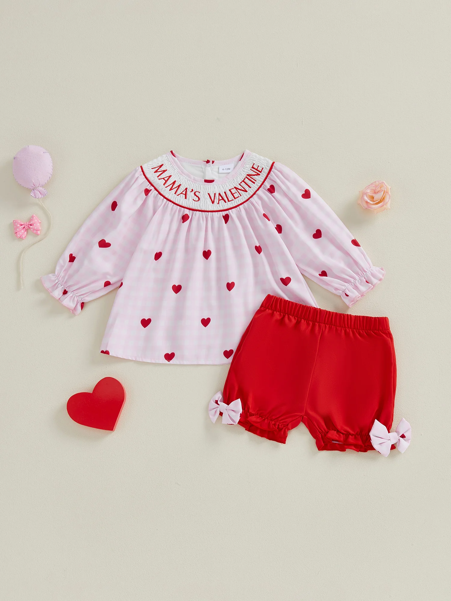 Valentine s Day Baby Girls 2 Piece Outfits Heart Print Long Sleeve Crew Neck Tops and Elastic Waist Shorts Set with Bow Detail