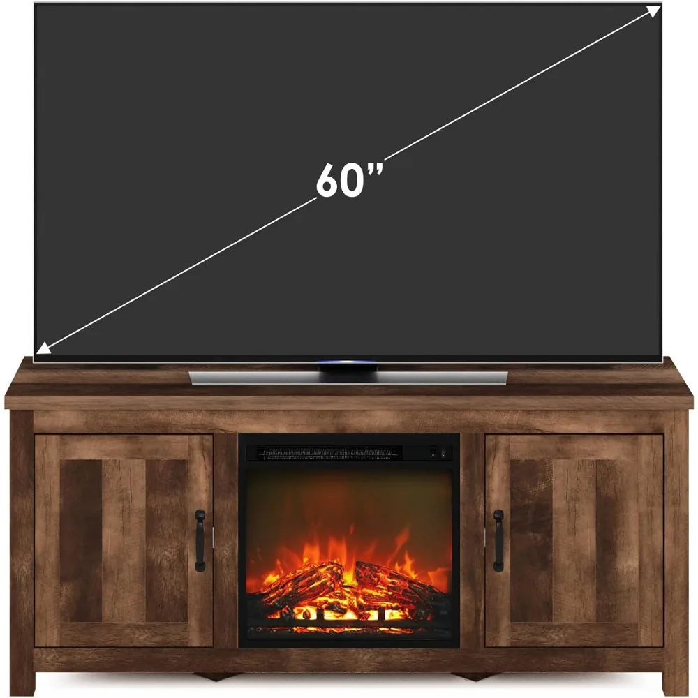 Jensen Farmhouse Barn Door Fireplace Stand with Storage Cabinet for TV up to 60 Inch, Rustic Brown