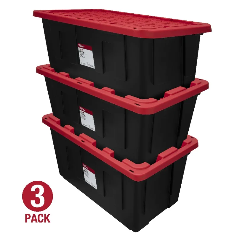 

LISM 40 Gallon Snap Lid Plastic Storage Bin Container, Black with Red Lid, Set of 3