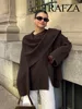 TRAFZA Winter Fashion Asymmetric Scarf Women's Short Knitted Coat Long Sleeve Single Button Loose Women's Elegant Cardigans 1