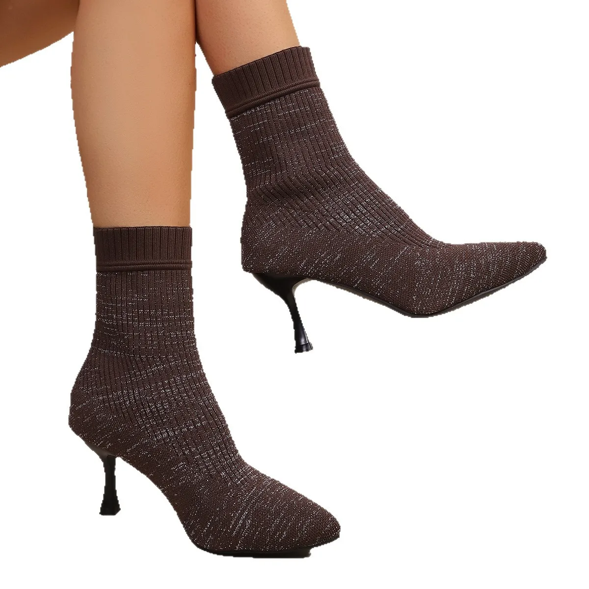 Fashion Knitted High Heels Ankle Boots Women 2025 Winter Slip On Thin Heeled Sock Boots Woman Plus Size Pointed Toe Party Shoes