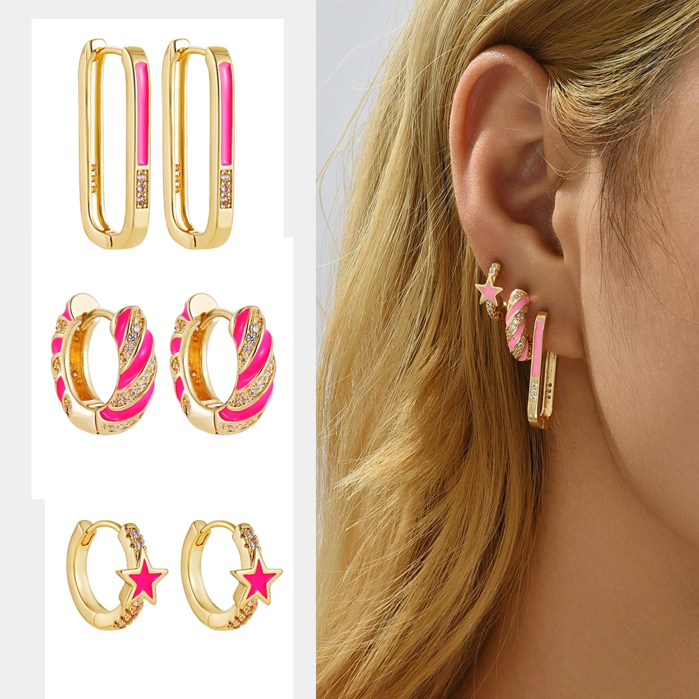 

3pair/set 2023 New Trend Rhinestone Star Huggie Hoop Earrings Women Pink Enamel Square Small Circle Ear Buckle Jewelry Wholesale