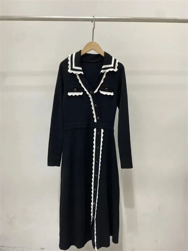 

Knit Midi Dress for Ladies 2024 New Contrasting Color Turn-Down Collar Single-Breasted Elegant Slim Fit Preppy Style Long Robes