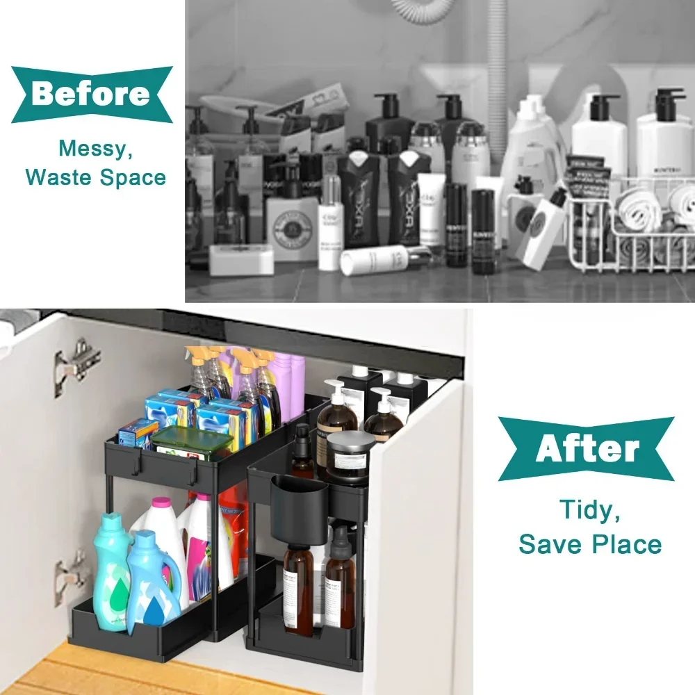 Under Sink Pull Out Cabinet Organizer 2 Tier Slide Out Sink Shelf Storage Shelves Large Capacityfor Kitchen Bathroom Cabinet 4
