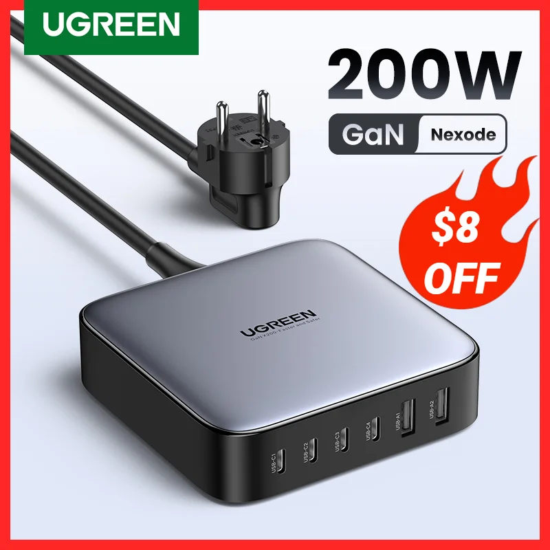 

UGREEN 200W GaN Charger Desktop Laptop Fast Charger 6 in 1 Adapter For iPhone 15 14 Pro Max Xiaomi Samsung Tablets Phone Charger