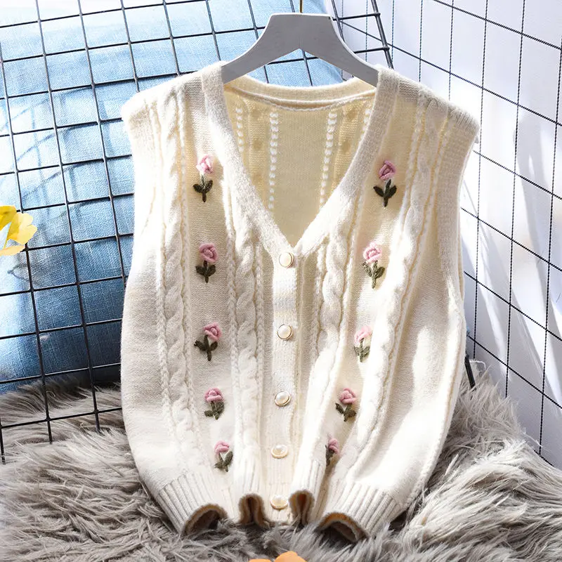 

2023 New Autumn Winter Fashion Women Vest 3D Flower V-Neck Single Breasted Vest Loose Simple Embroidery Korean Cardigan Vest
