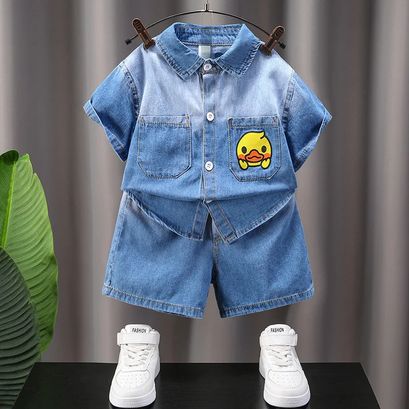 

Kids Clothing Set 2023 Summer Baby Boys Girls Cartoon Denim T-shirt Shorts 2Pcs Children Fashion Leisure Cardigan Short Sleeve
