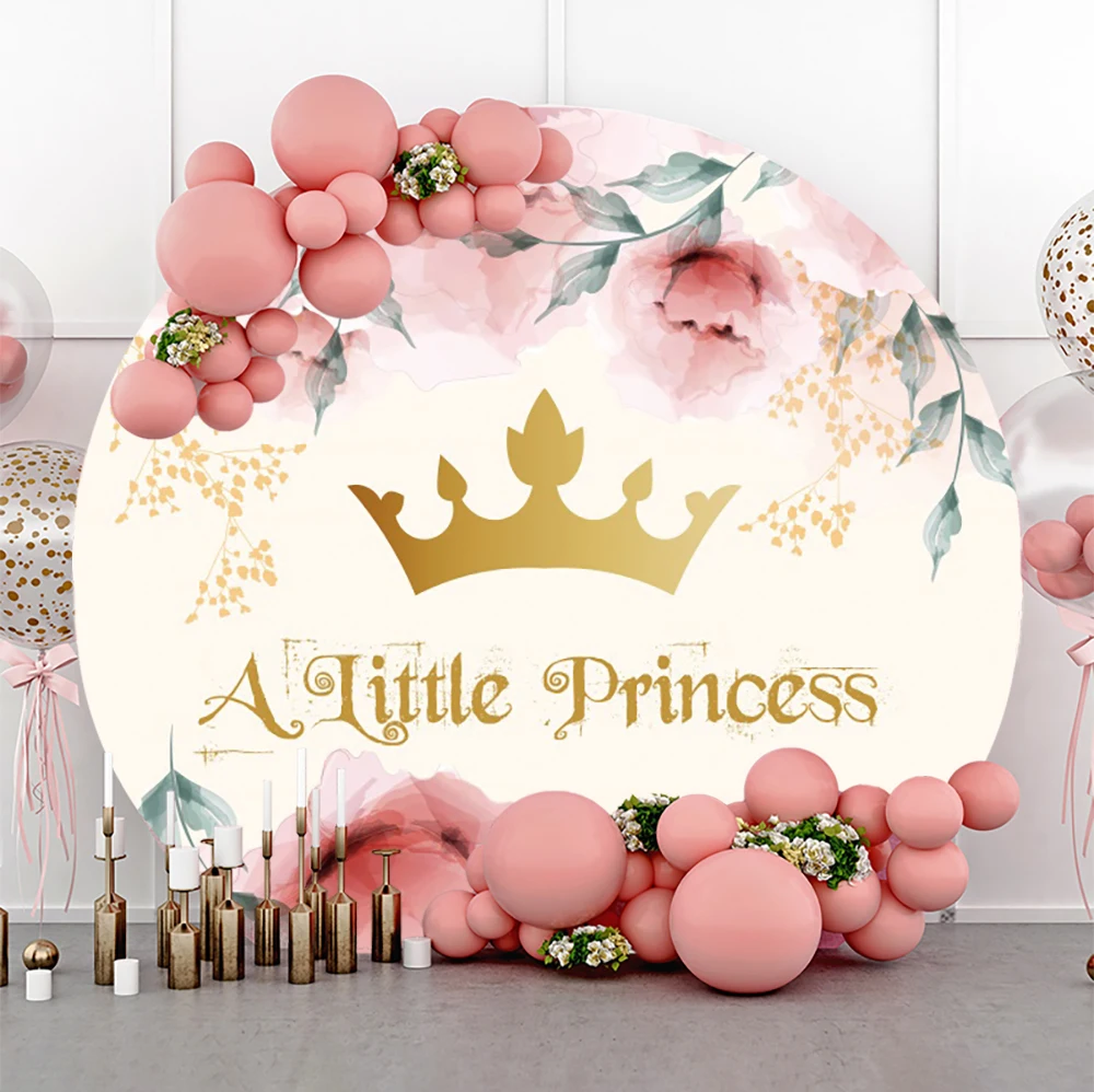 

Little Princess Shower Circle Background Gold Crown Baby Birthday Baptism Photography Background Flower Decor Photocall Studio