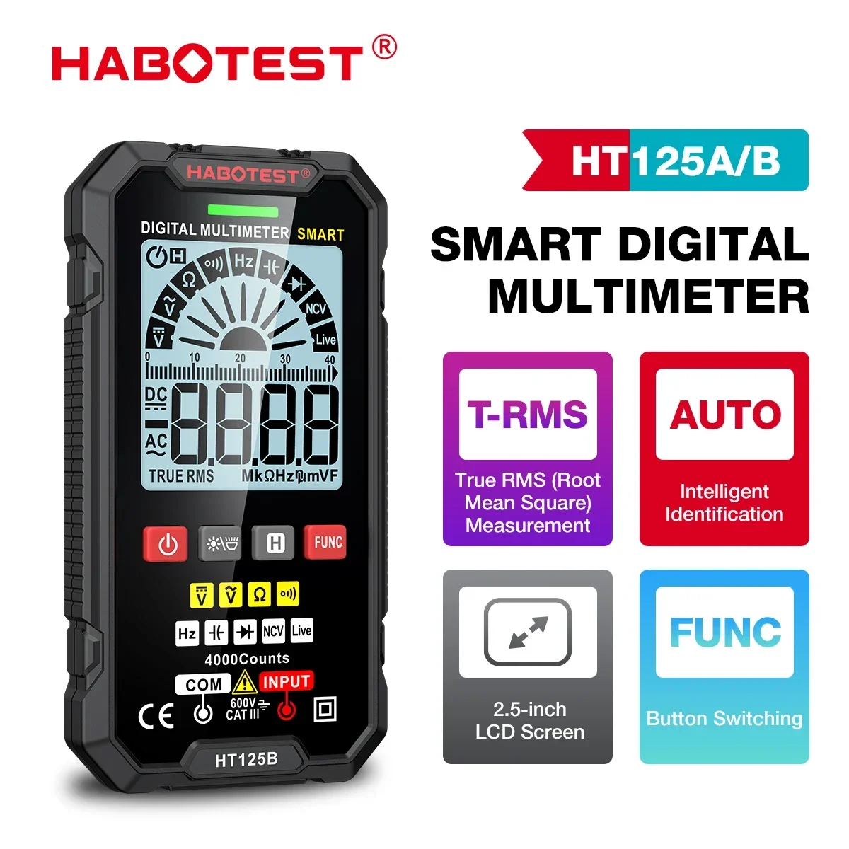 HABOTEST HT125 Smart Digital Multimeter Multimetro Digital DC AC Voltage Ohm Diode Capacitance NCV Hz Live Wire Tester