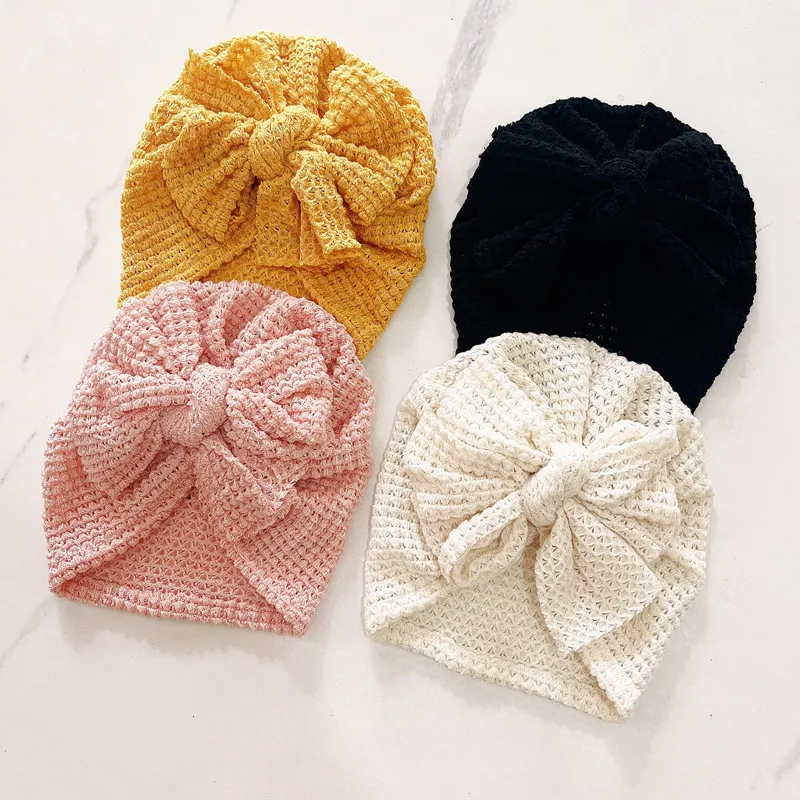 1pc Big Waffle Knitted Bows Turban Baby Toddler Babes Head Wraps Girls Boys Beanies Caps Infant Hair Accessories Kids Headwear