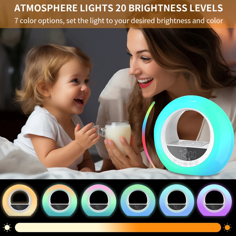 Lampada Sveglia Alba Con Ricarica Wireless 10W E Altoparlante Bluetooth | Luce RGB E Suoni Per Il Sonno | Bianca - 2