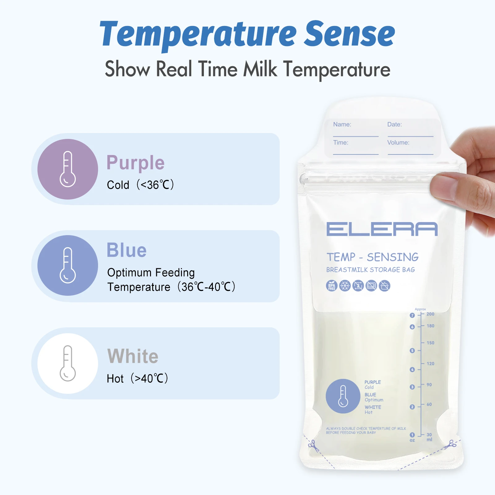 ELERA 200ML/50PCs Breast Milk Storage Bag Temp-Sensing BPA-free Disposable Frozen Breastmilk collection pouches