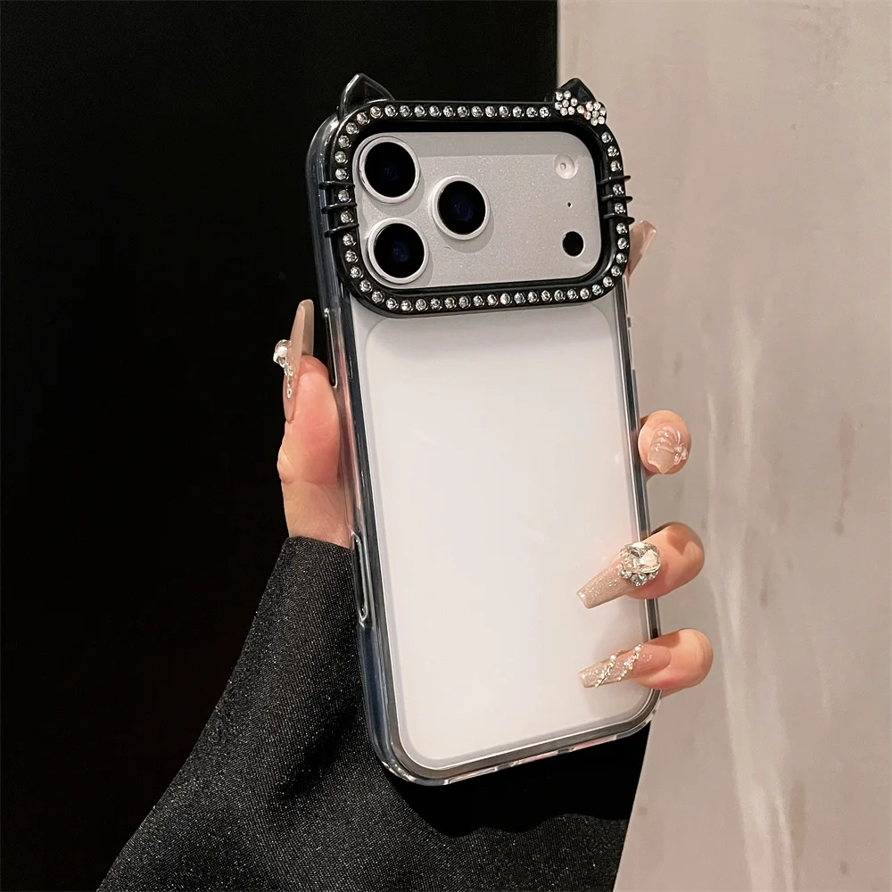 Luxury Rhinestone Cat Ears Matte Transparent Phone Case with Candy Color Bumper