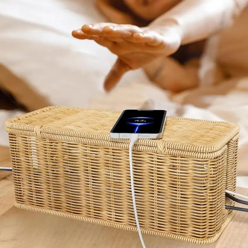 Rattan Cable Management Box Cable Hider Organizer Breathable Cable Box Organizer 2 Open Slots Cords Power Board Hider Box