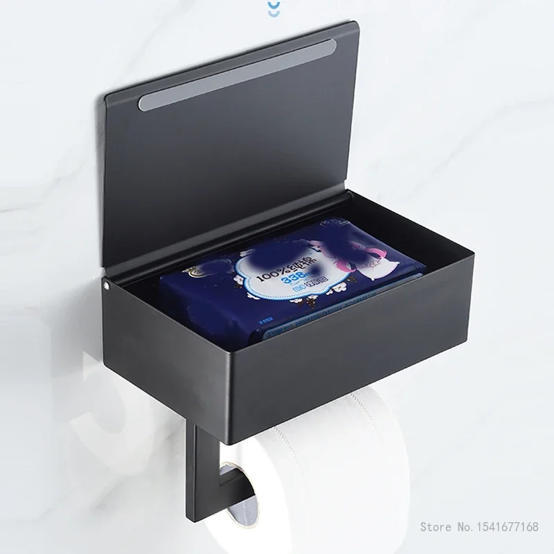 Stainless Steel Toilet Hanging Paper Holder Creative Light Luxury Household Bathroom Hotel, Multifunctional Black Tissue Box 1Pc