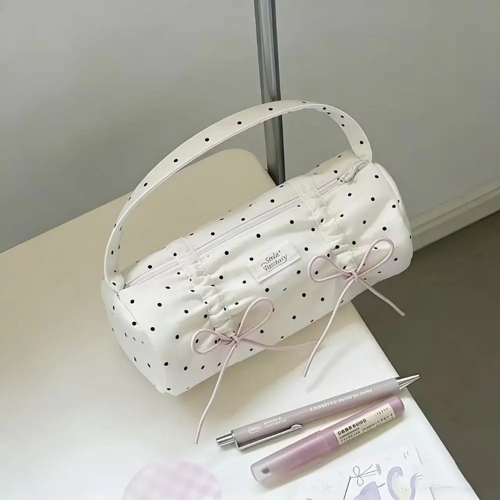 INS 폴카 도트 보우 디자인 연필 케이스 휴대용 휴대용 문구 파우치 대용량 보관 가방 선물