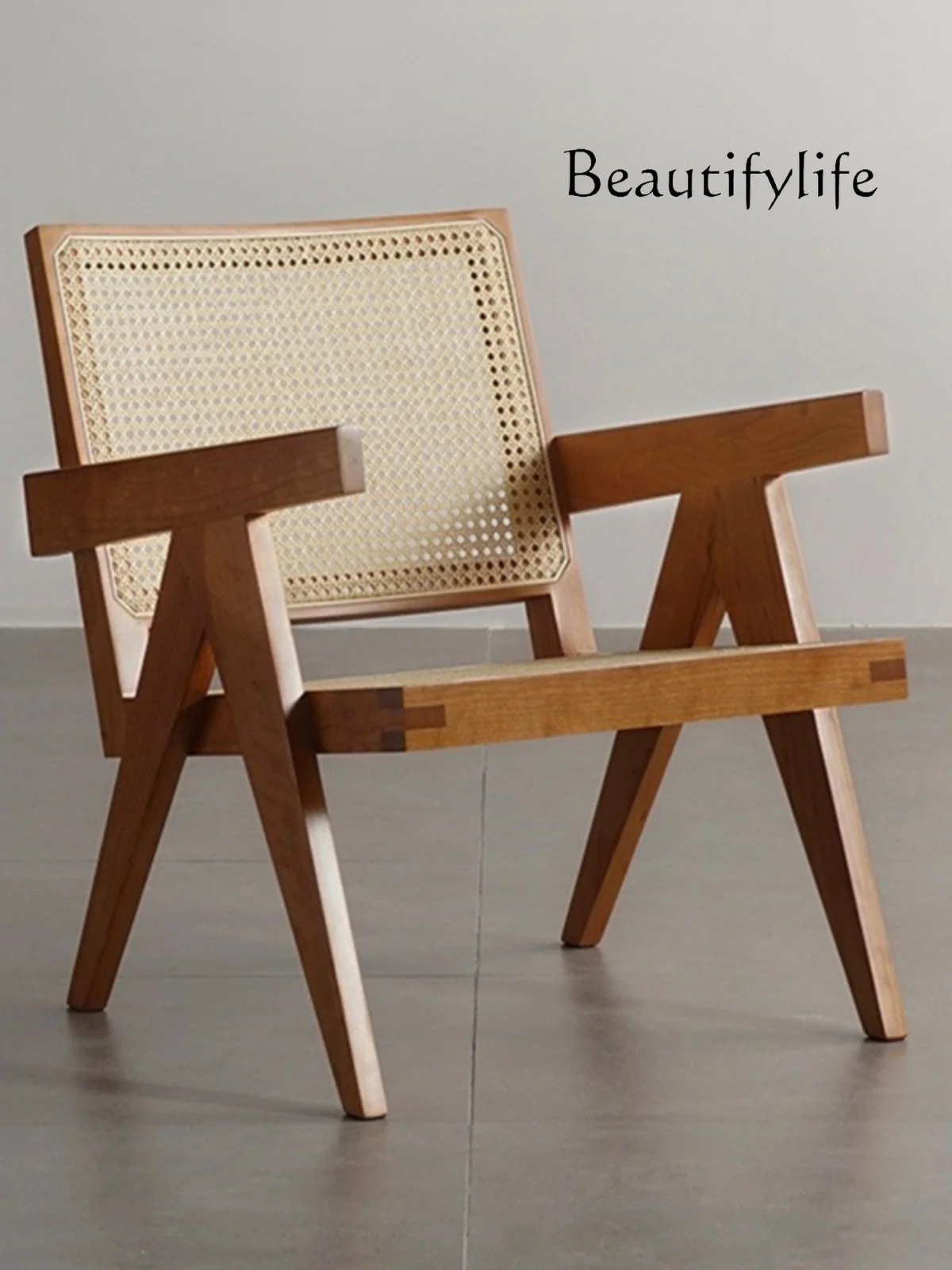 

Nordic Rattan Couch Log Home Lazy Light Luxury and Simplicity Backrest Solid Wood Armrest Leisure Chair