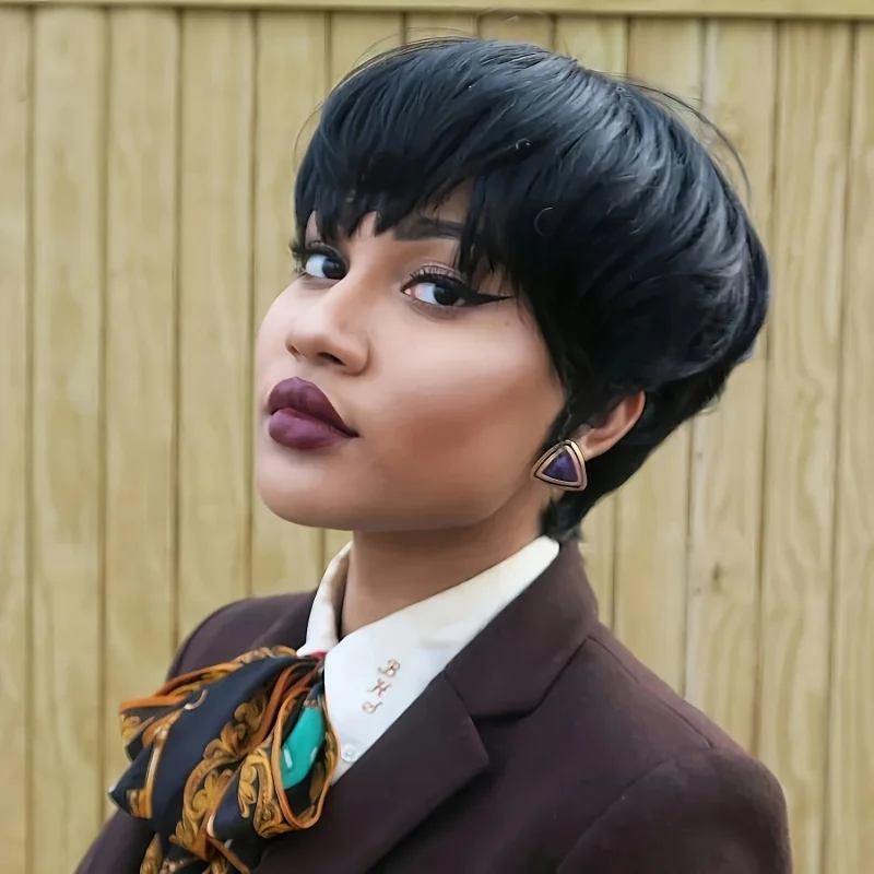Pixie cut wig with bangs Brazilian Remy human hair natural black short bob style full machine made human hair wigs