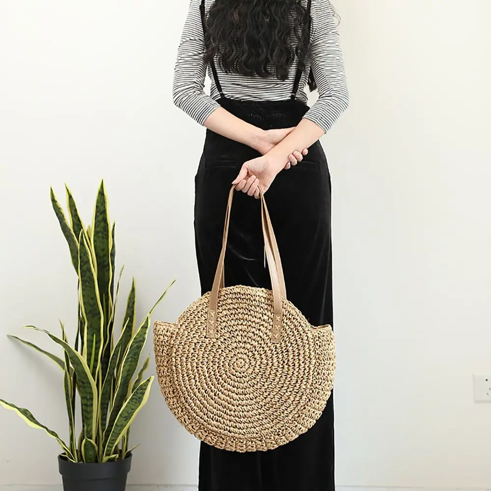 

Casual Coin Purse Round Bohemia Woven Handmade Ladies Summer Phone Pocket Straw Handbag Crossbody Bag Single Shoulder
