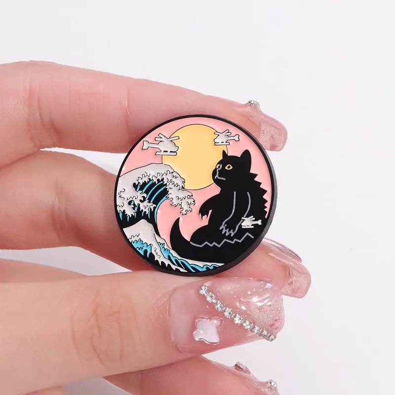 Aesthetic Art The Great Wave Enamel Pins Sunset Moon Cat Comic Scenery Brooch Decorative Backpack Lapel Badge Funny Jewelry Gift