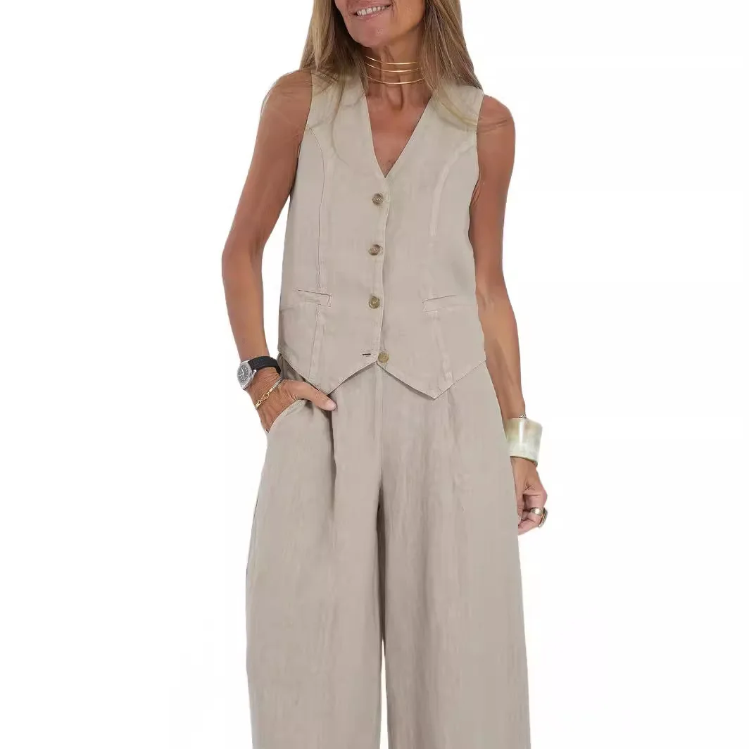 Women Elegant Solid Waistcoat Pant Sets Single Breasted V Neck Vest Top + High Waist Slim Long Pants Lady Office Wear Suits