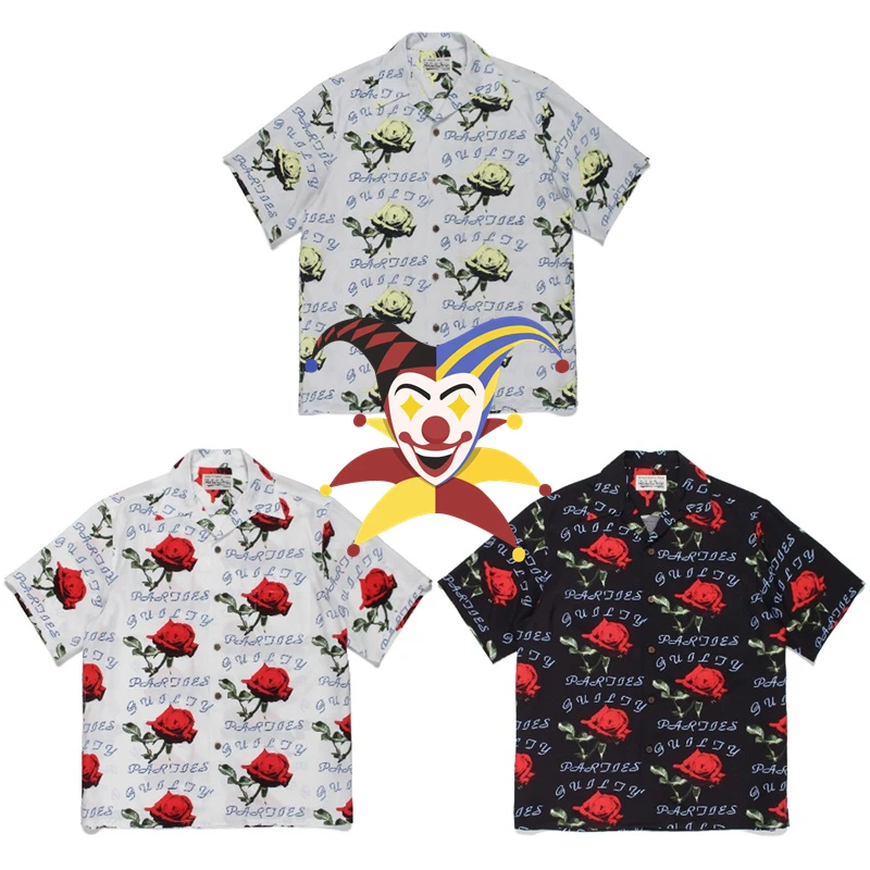 

Rose WACKO MARIA Shirt Men Women Black White Gray Hawaiian Shirts Tee
