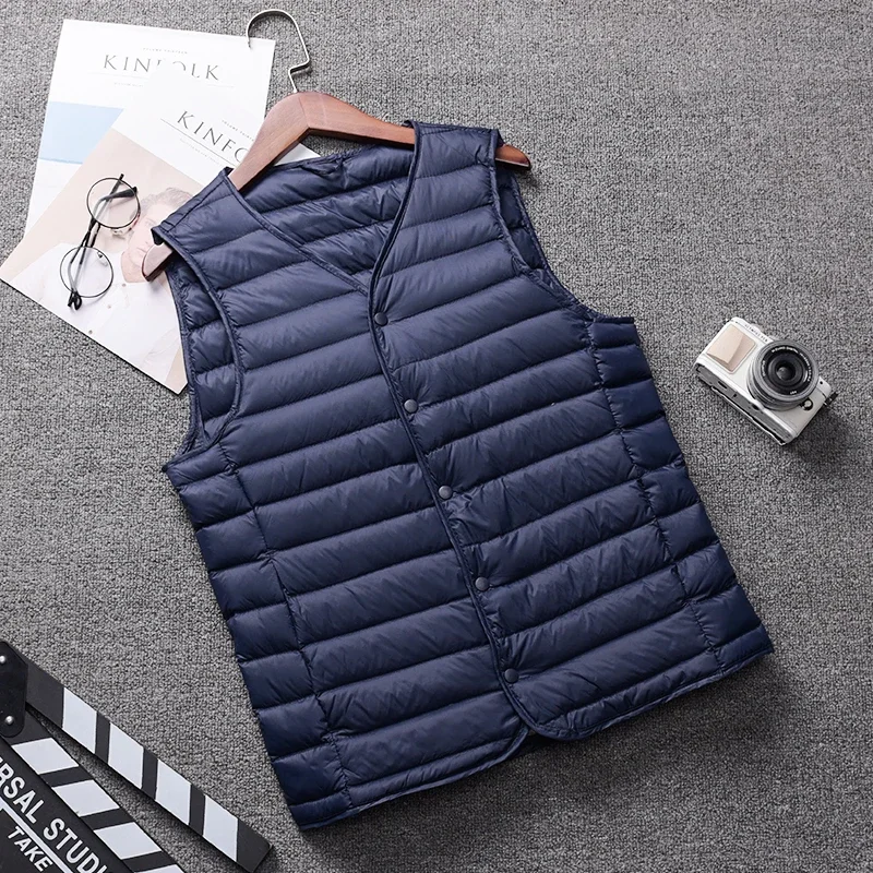 Schinteon Men Light Down Vest Gielt Casual Waistcoat Spring Autumn White Duck Down Jacket Male V-neck Sleeveless Coat Liner Vest