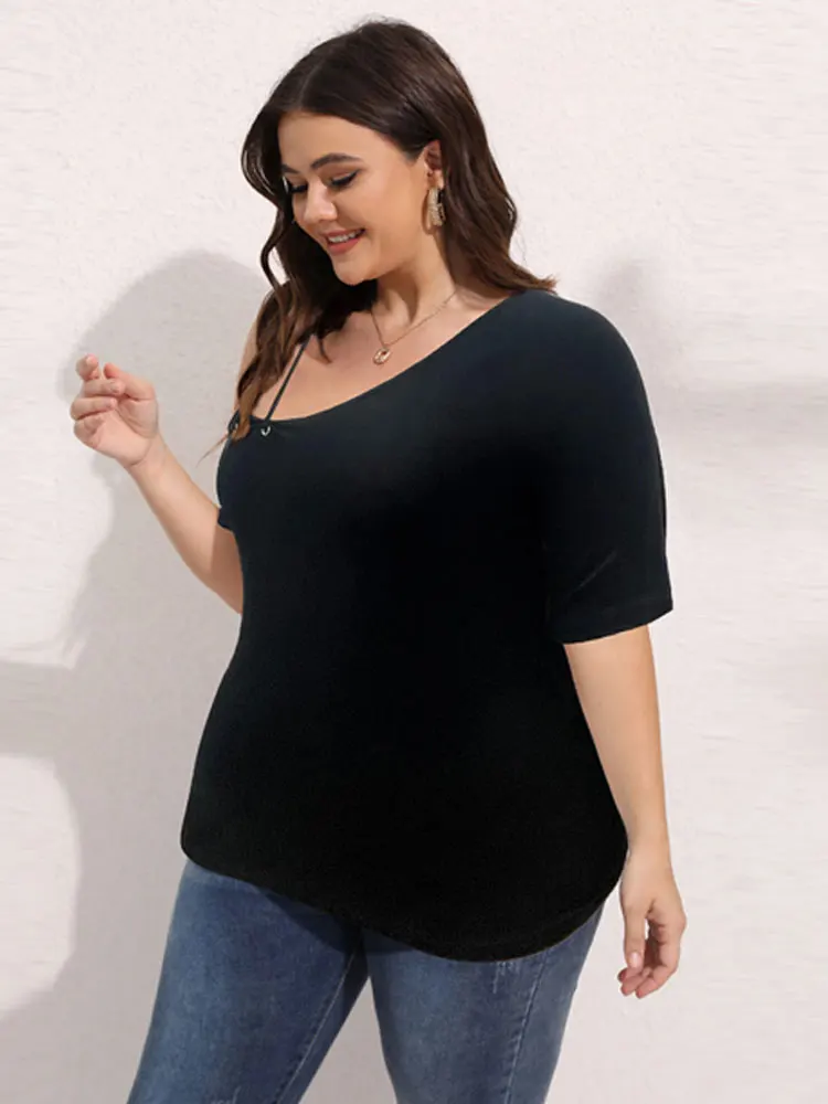 Women's Off Shoulder Polyester T-shirt, Female Clothing with Three Straps, Slash Neck, Monochromatic, Black, Plus Size, L-4XL