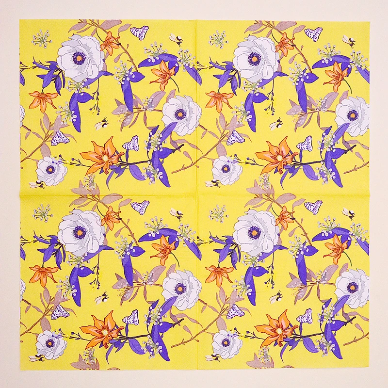Food Grade Colourful Printed Napkins Yellow Floral Patterned Tissue Paper Dessert Table Decoration Paper 20pcs Napkins Decoupage