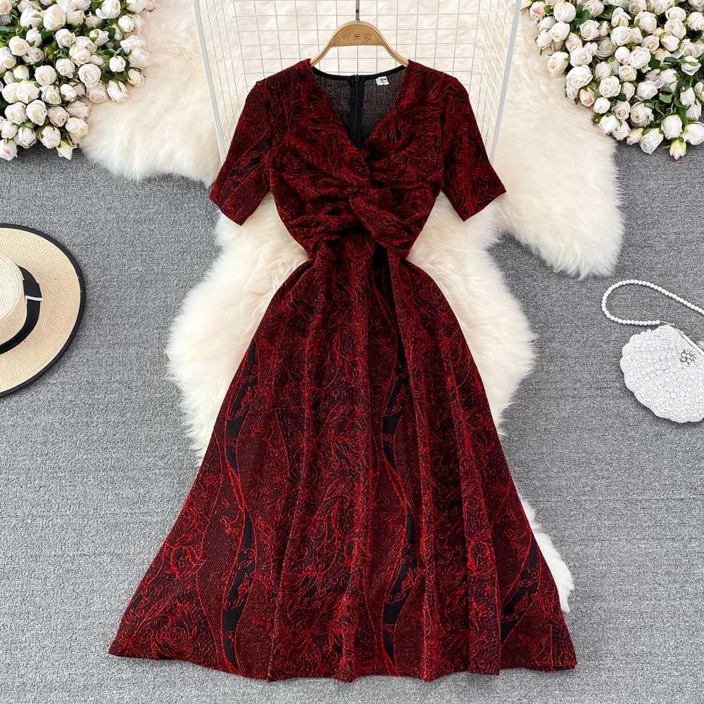 

2022 Summer Feminine Bright Silk V-neck Kink A-line Dress Long Sleeves Waist Slim and Big Swing Long Dress