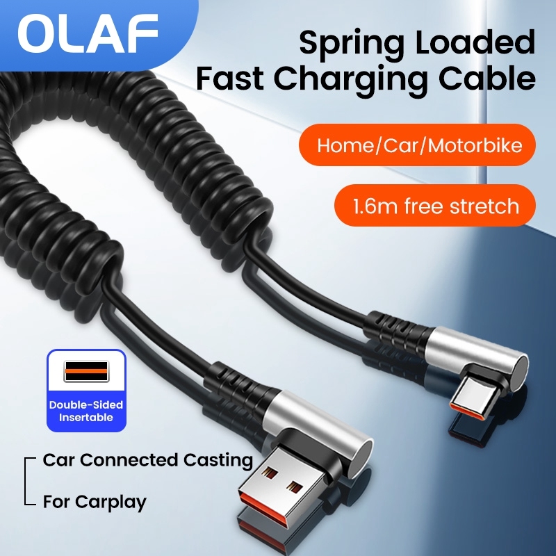 OLAF 6A USB Type C Data Cable 90Â° Elbow Car USB Spring PD Fast Charging Cable for iPhone 15 Sumsung Xiaomi POCO Huawei Honor LG