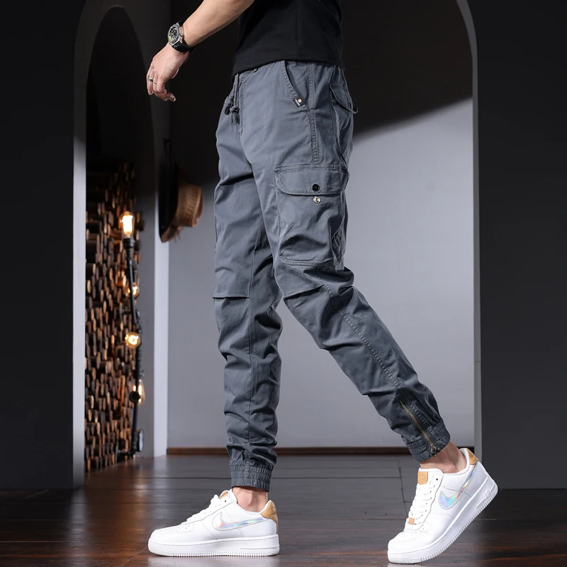 Men's Cotton Cargo Pants Casual Tactical Multiple Pockets Elastic Waist Drawstring Trousers CP2210