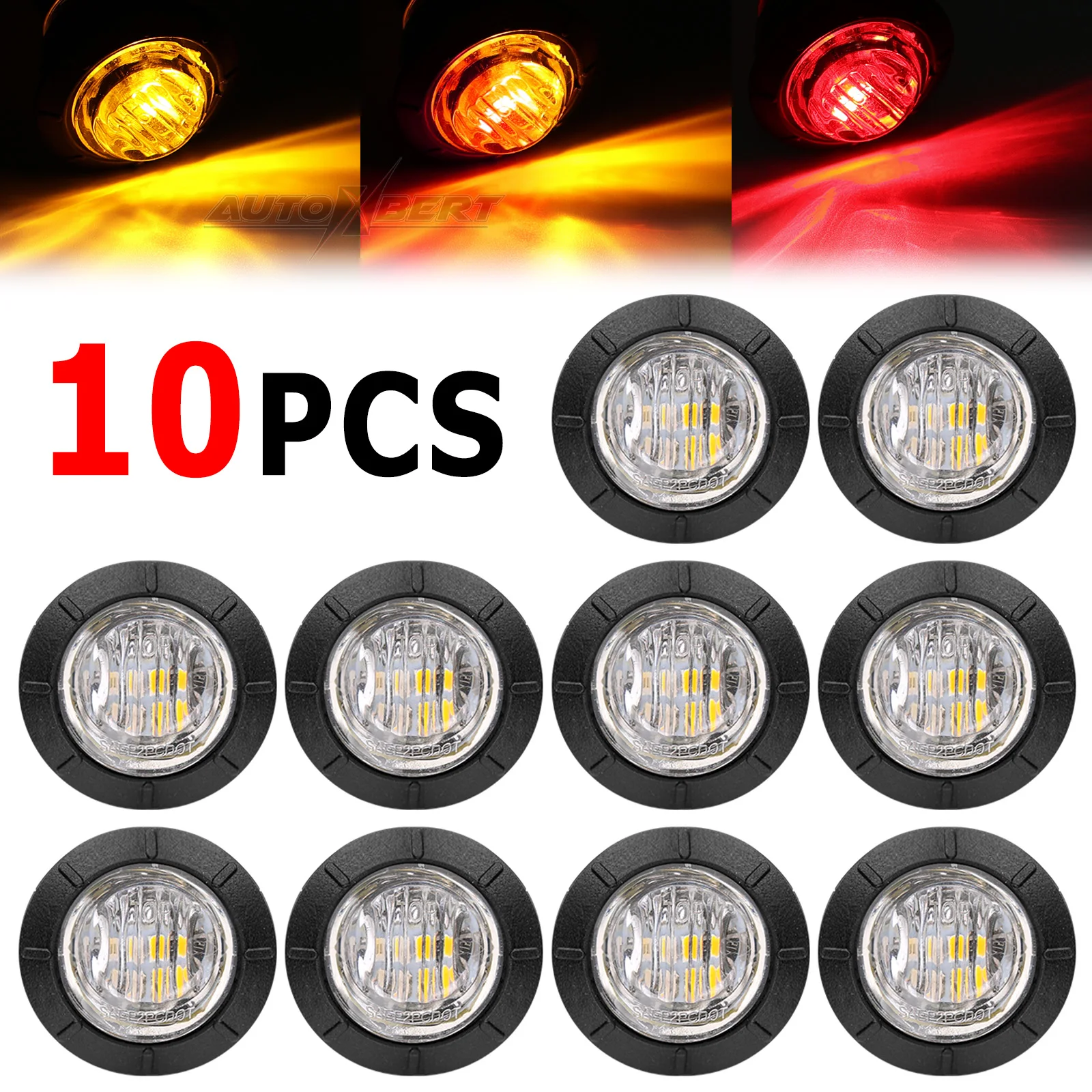 

10x Mini 3/4" Round Marker 4 LED Light Red Amber Dual Color Side Tail Brake Turn Lamp 12V 24V Indicator Clear Lens Trailer Truck