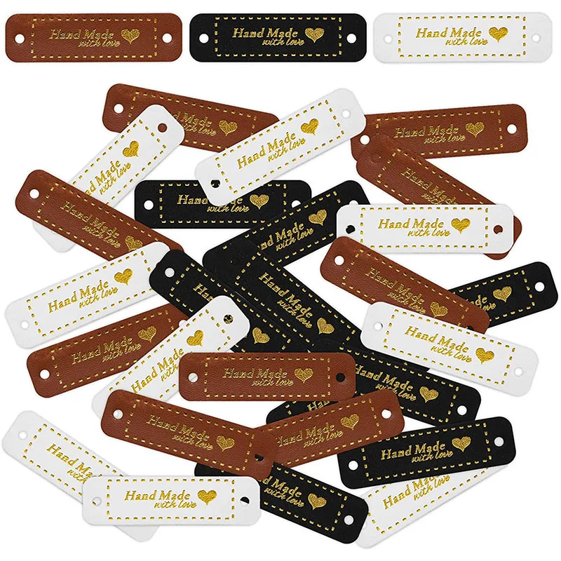 수제 가죽 라벨, 러브 라벨, 장식용 구멍이 있는 크로셰 태그, 뜨개질용 가죽 태그, 30 개 