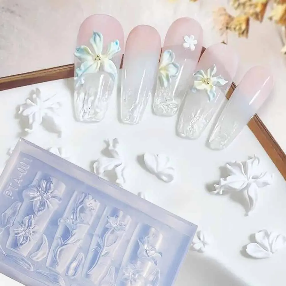 2개 3D 백합 꽃 참 실리콘 네일 몰드 (조각 펜 포함) 재사용 가능한 꽃 조각 네일 템플릿 투명 꽃 모델링 도구