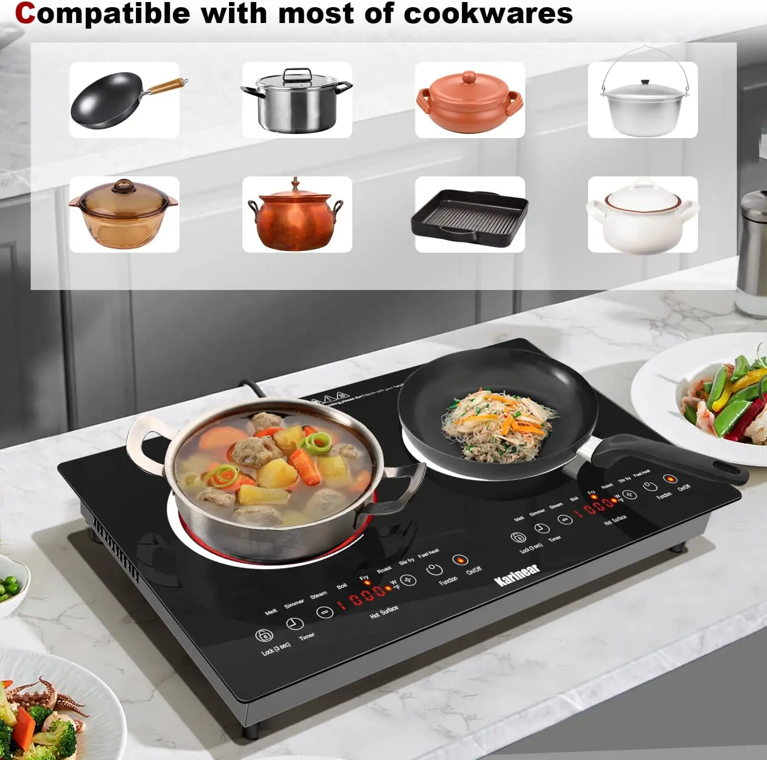 2 Burners Electric Cooktop 24 Inch, 110v~120v Countertop and Built-in Elecric Stove Top, Portable Electric Radiant with Outlet