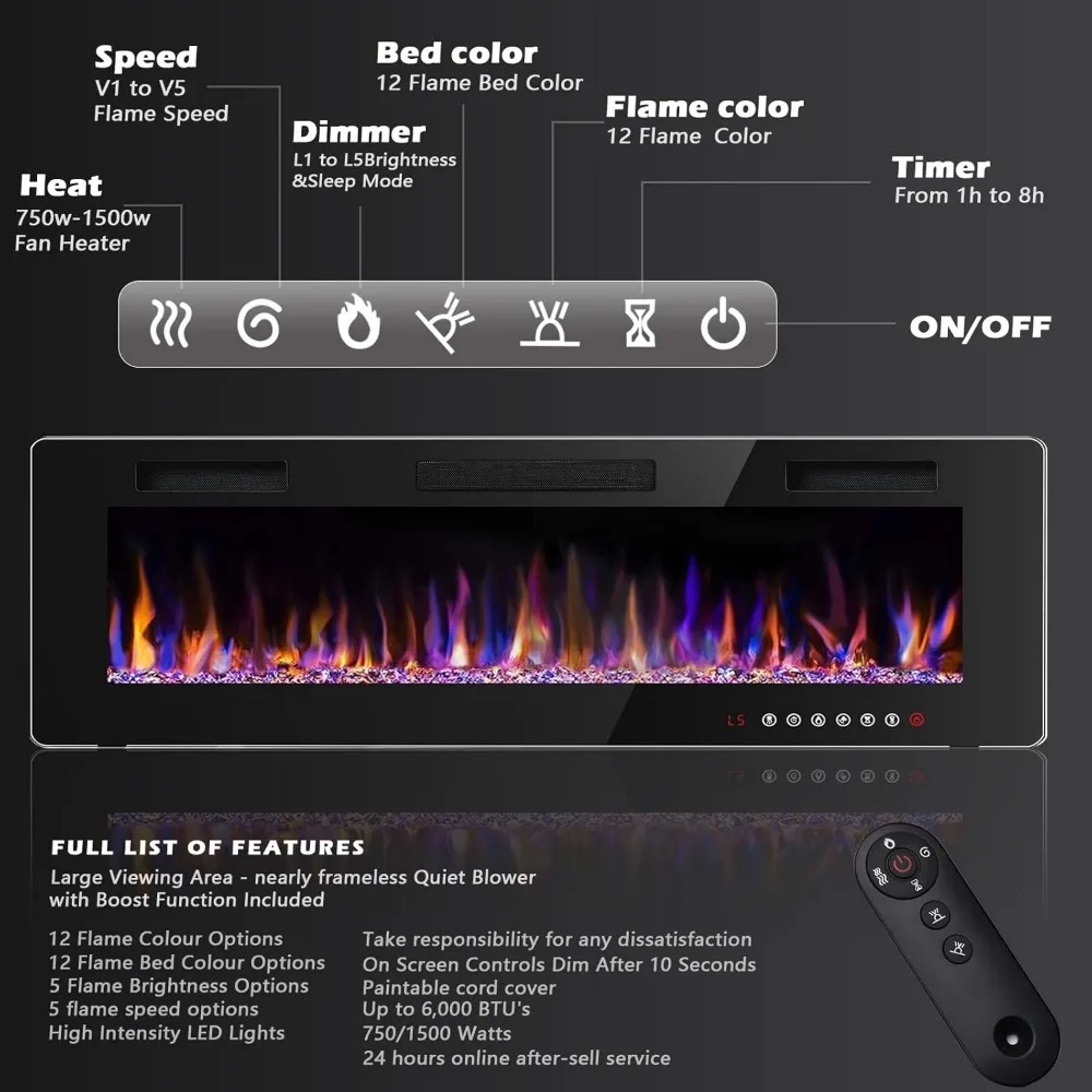 72 Inch Ultra-thin Silent Linear Electric Fireplace, Embedded Wall Mounted Fireplace, 12 Adjustable Flame Colors and Speeds 4