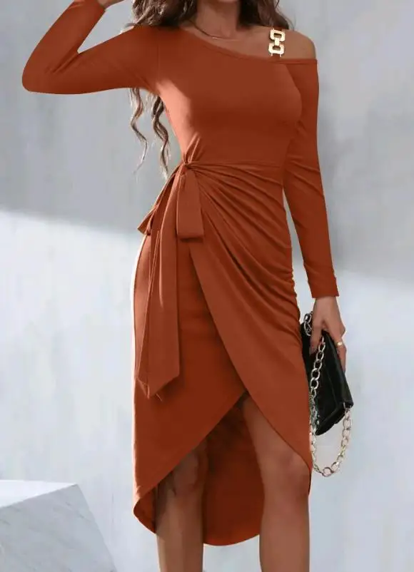 

Women's Spring/summer 2023 New Hot Selling Casual Women's Lace Up Detail Chain Decoration Long Sleeve Oblique Neck Fashion Dress