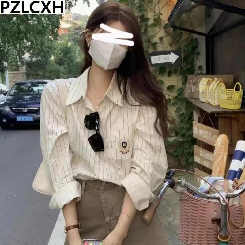 2024 Women's New Spring and Autumn Striped Shirt Loose Long Sleeve Top Academic Casual Top