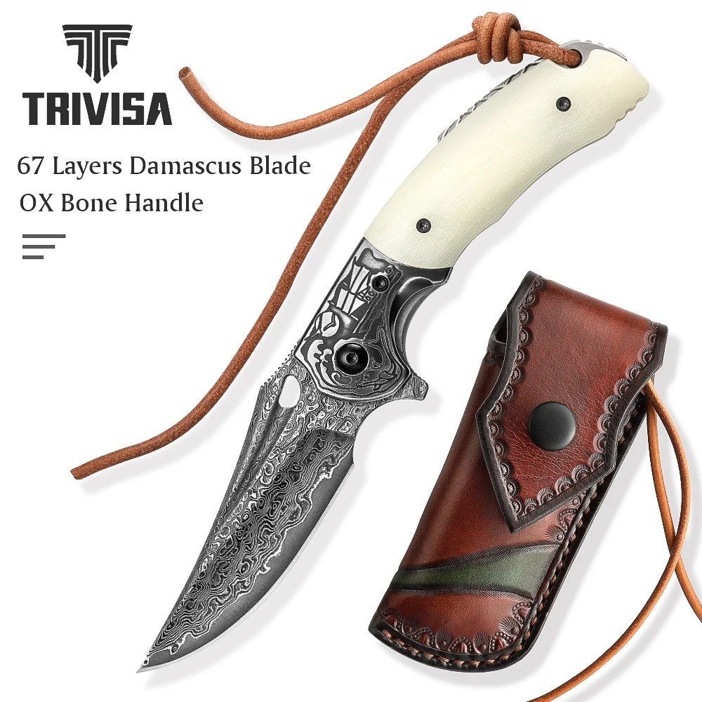

TRIVISA EDC Pocket Folding Knife For Men, 3.15" Damascus Knives，OX Handle for Camping，Handmade Cowhide Sheath，Good Gift