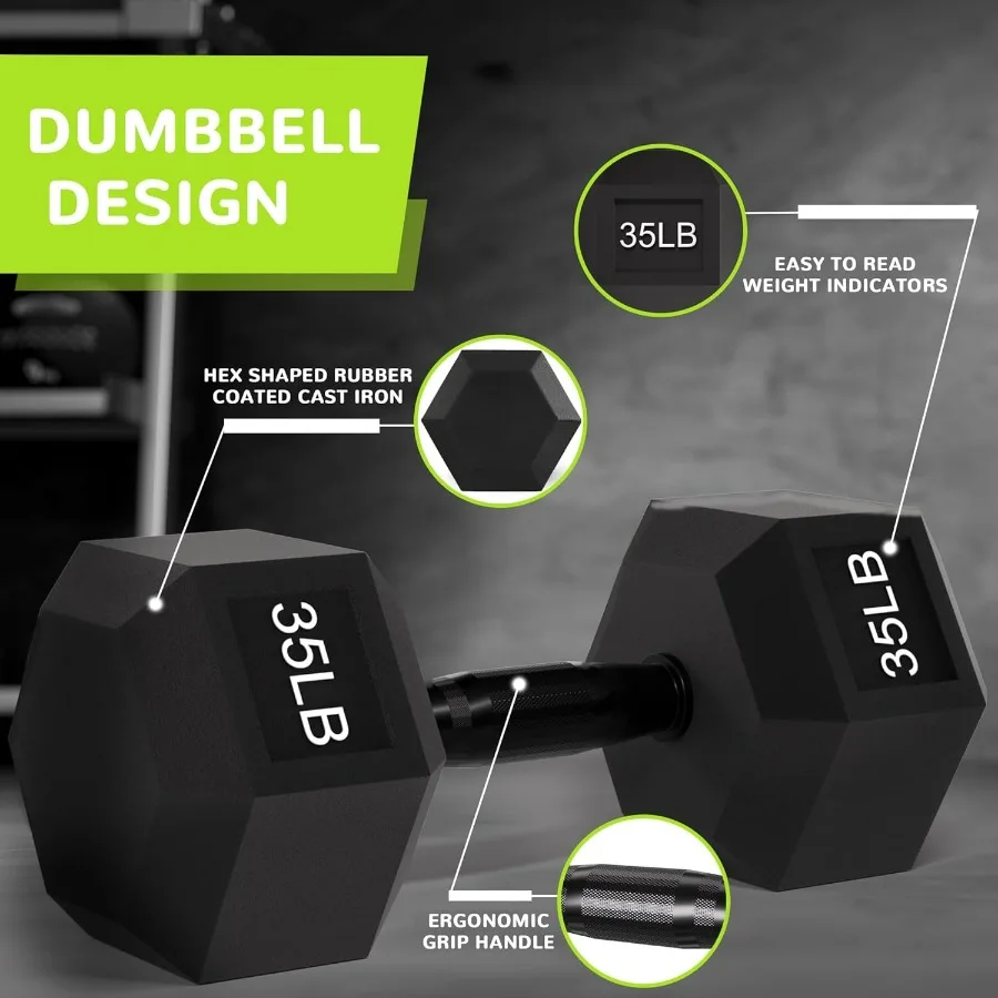 Rubber Encased Exercise & Fitness Hex Dumbbell, Hand Weights with Anti-Slip Metal Handle for Home Gym,35LB Single