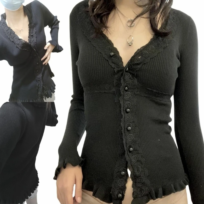 

Lace V Neck Cardigans for Women Long Sleeve Open Front Knit Cardigans Sweaters