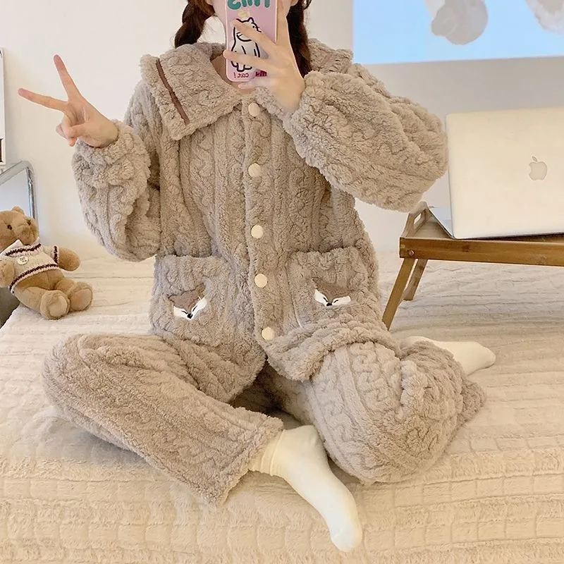 Coral velvet pajama women autumn and winter thickened velvet jacquard plush warm outside to wear home wear set loungewear women