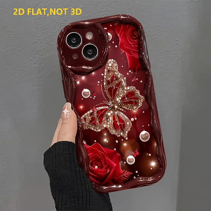 Luxury Cream Wavy Protective Phone Case with Diamond Butterfly Rose Design