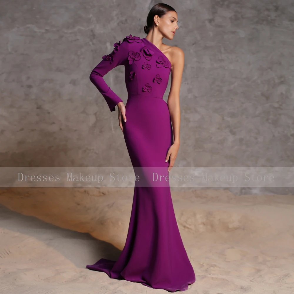Purple Evening Dresses for Women 2024 One Shoulder Long Sleeve Formal Gown Mermaid/Trumpet 3D Flowers Elegant Wedding Party Gown 4