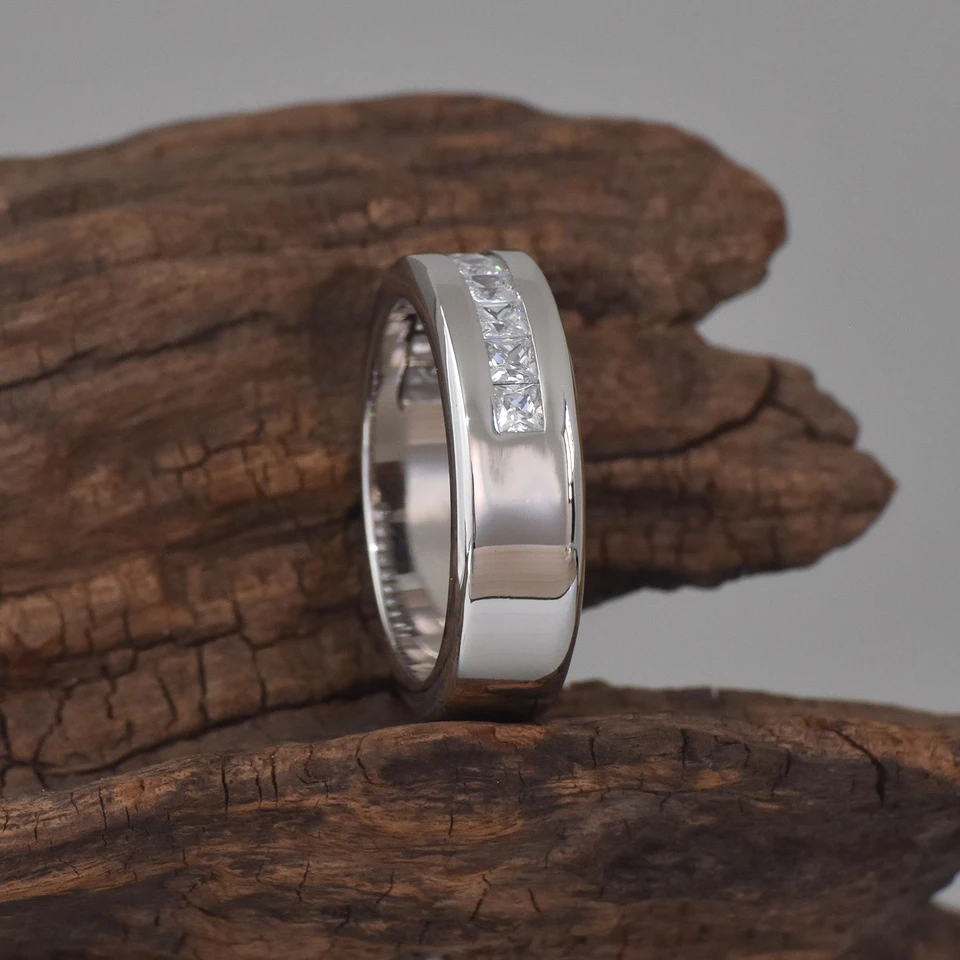 Luxury Moissanite Mens Wedding Band Sterling Silver