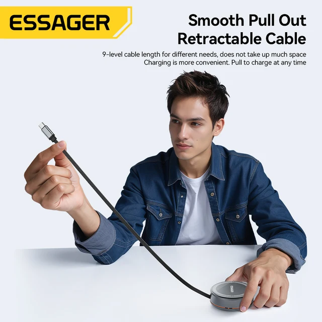 Essager 15W 3 in 1 Magnetic Wireless Charger With 96cm Retractable Type-C Cable