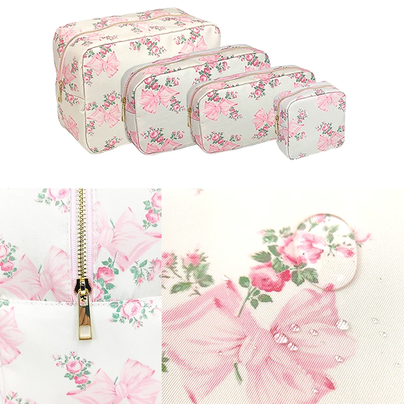S M L Xl Makeup Bag Pink Printed Bow Toiletry Pouch Waterproof Women Storage Nylon Outdoor Girl