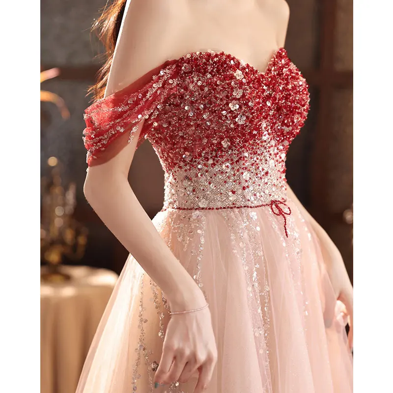 

Women Sequin Tulle Party Dress Elegant Evening Pageant Gown Off Shoulder Birthday Dresses Young Girls School Graduation Fashion